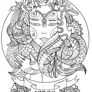 May include: A black and white line drawing of a stylized Virgo zodiac sign. The image features a woman's face with intricate details and floral elements. The word "VIRGO" is written in a banner below the image.