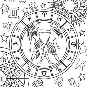 May include: A black and white line drawing of the zodiac wheel with the Gemini symbol in the center. The wheel is surrounded by symbols for all 12 zodiac signs, including Aries, Taurus, Cancer, Leo, Virgo, Libra, Scorpio, Sagittarius, Capricorn, Aquarius, and Pisces.