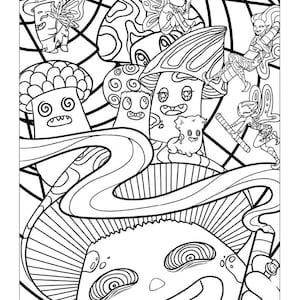 Puede incluir: Un dibujo en blanco y negro de un hongo con cara y un remolino de humo saliendo de su parte superior. Hay otros hongos y hadas en el fondo.
