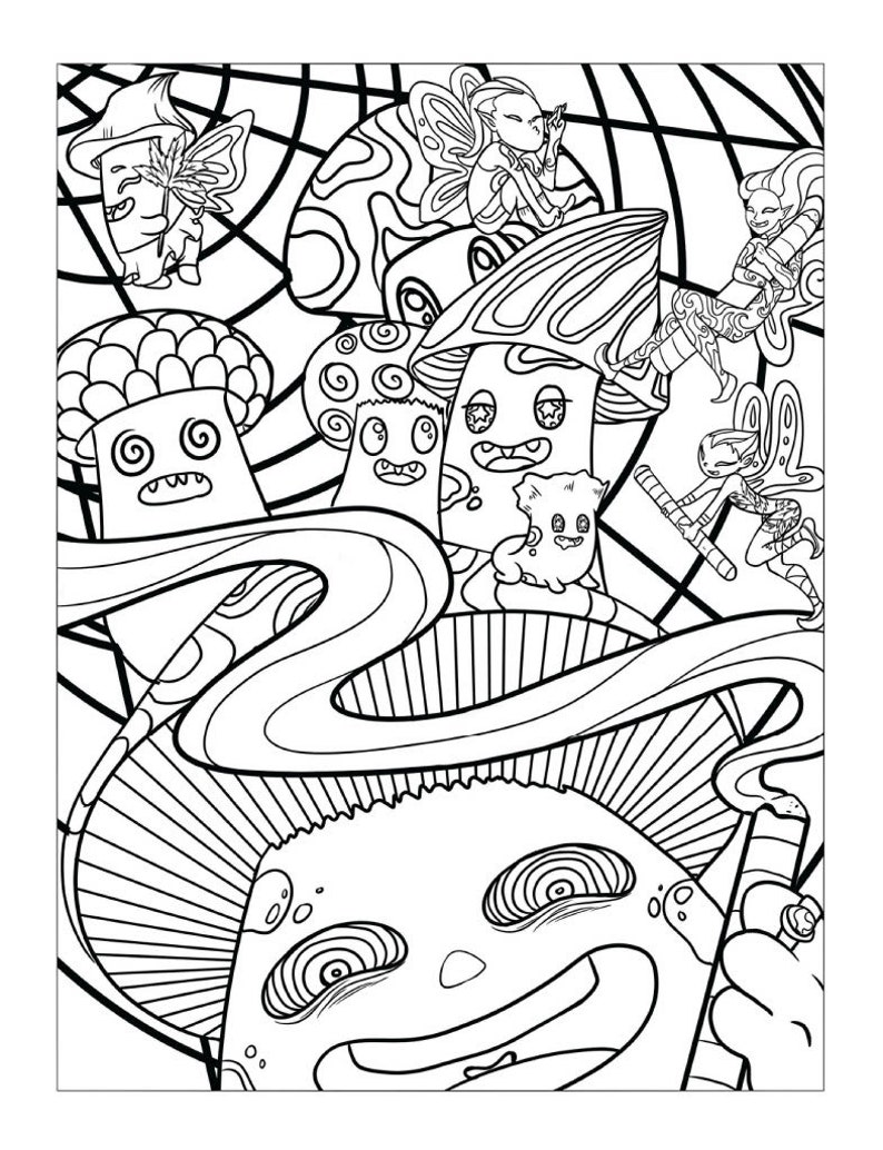 Puede incluir: Un dibujo en blanco y negro de un hongo con cara y un remolino de humo saliendo de su parte superior. Hay otros hongos y hadas en el fondo.