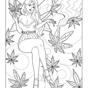 Puede incluir: Una ilustraci&oacute;n en blanco y negro de un hada con alas hechas de hojas de marihuana. El hada sostiene un porro de marihuana en su mano y est&aacute; rodeada de hojas de marihuana.