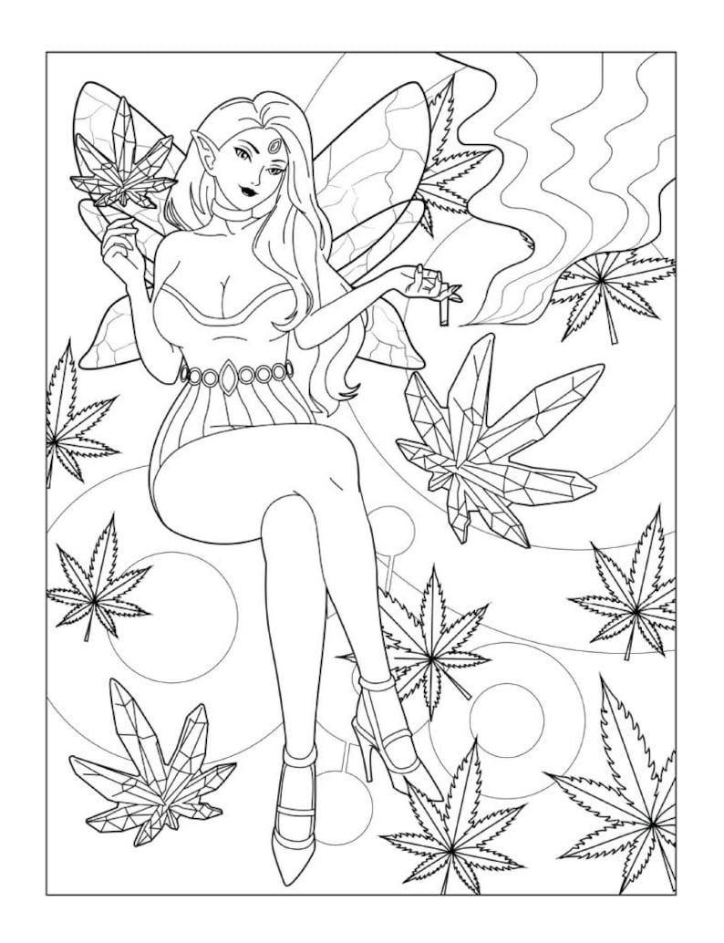 Puede incluir: Una ilustraci&oacute;n en blanco y negro de un hada con alas hechas de hojas de marihuana. El hada sostiene un porro de marihuana en su mano y est&aacute; rodeada de hojas de marihuana.