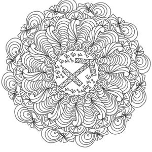 May include: A black and white mandala design featuring the astrological symbol for Sagittarius in the center.