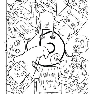 Puede incluir: Ilustraci&oacute;n en blanco y negro de l&iacute;nea de un grupo de personajes de dibujos animados con dise&ntilde;os psicod&eacute;licos. Los personajes est&aacute;n dispuestos en un c&iacute;rculo alrededor de una espiral.