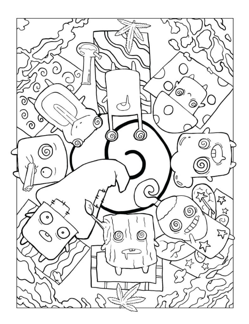 Puede incluir: Ilustraci&oacute;n en blanco y negro de l&iacute;nea de un grupo de personajes de dibujos animados con dise&ntilde;os psicod&eacute;licos. Los personajes est&aacute;n dispuestos en un c&iacute;rculo alrededor de una espiral.