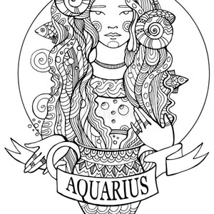 May include: Black and white line art illustration of the astrological sign Aquarius. The image features a woman with flowing hair and a water pitcher, surrounded by intricate details.