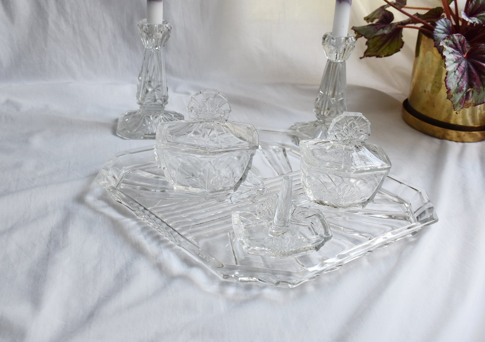 Decorative cut glass vintage dressing table set trinket pots Etsy