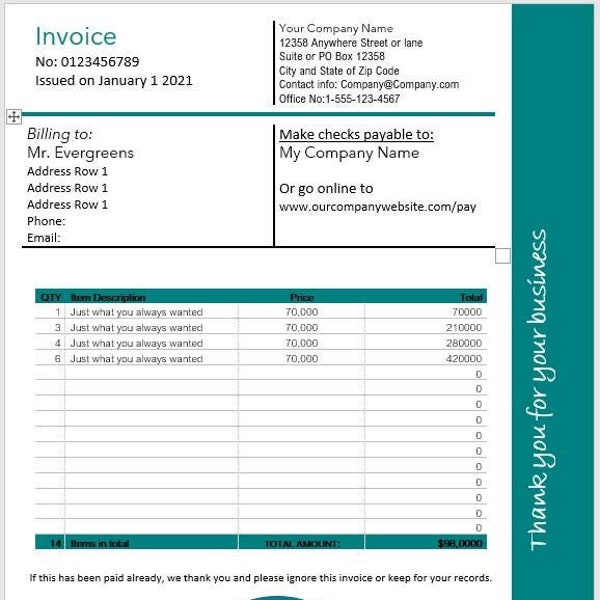 Invoice Template - TEAL Here! Use for anyone you are doing business with- Pick other colors Hot Pink, Soft Pink, Blue, Orange, Green, Purple