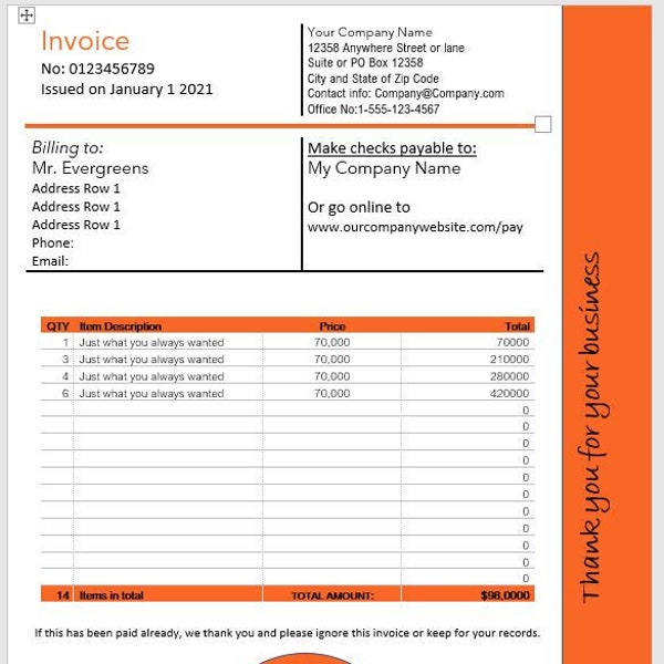 Invoice Template - ORANGE Here! Use for anyone you are doing business with- Pick other colors Hot Pink, Soft Pink, Blue, Teal, Green, Purple