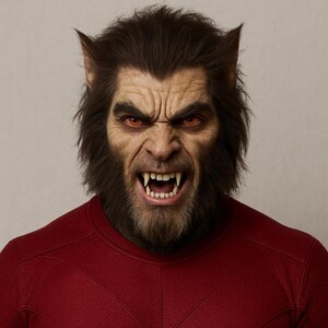 Peut inclure: Gros plan d'un loup-garou avec une fourrure brune, des oreilles pointues et des crocs acérés. Le loup-garou a les yeux rouges et porte un haut rouge. Fond neutre.