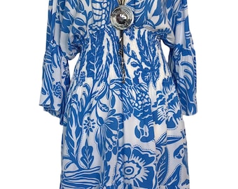 Italian Lagenlook Blue Pattern Boho Dress - UK sz 10 12 14 Holiday Beach