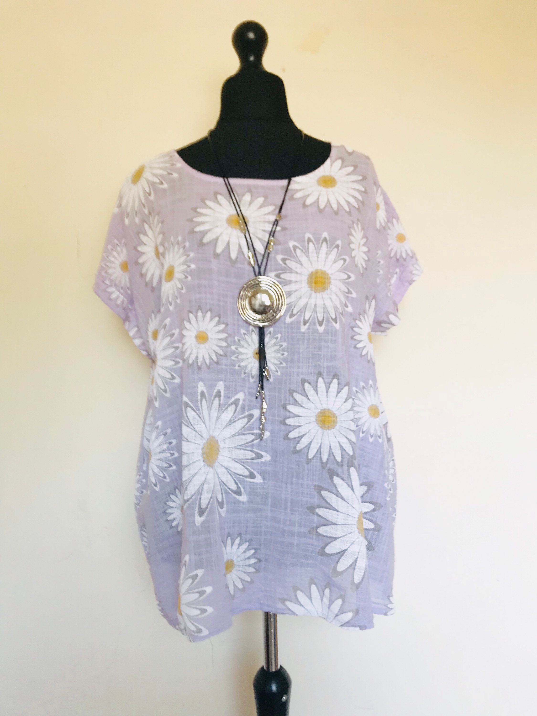 New Made In Italy Lagenlook Lilac Cotton Daisy Print Top UK | Etsy