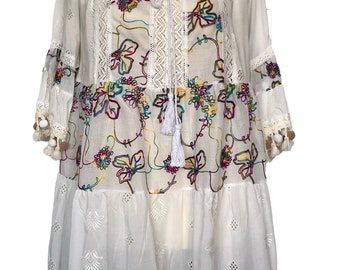 Italian Lagenlook Cream Embroidered Boho Bardot Dress - UK sz 10 12 14