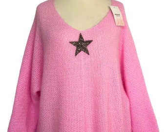 Italian Lagenlook Pink Soft Chunky Knit SparklyStar Jumper - UK Sz 12 14 16 18
