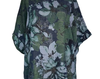 Top italiano Lagenlook azul marino/verde floral lino/algodón -UK Plus Sz 16 18 20 22