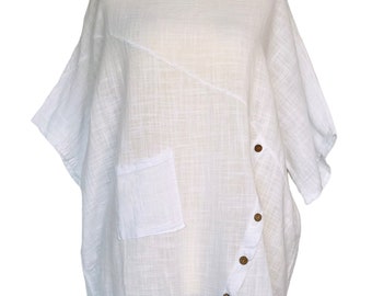 Made In Italy Lagenlook White Cotton Angled Button Tunic Top - UK Sz 16 18 20 22