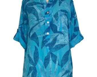 Italian Lagenlook Turquoise Cotton Leaf Print Tunic Shirt - UK Size 12 14 16