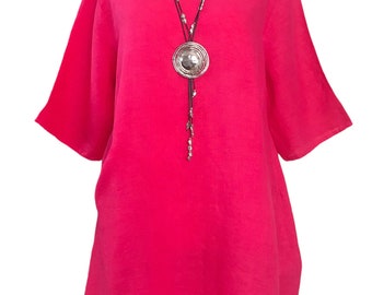 Italian Lagenlook Raspberry Pink Linen Tunic Dress - UK Size 14 16 18