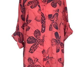 Made In Italy Lagenlook Coral / Navy Floral Tunic Shirt - UK Sz 14 16 18