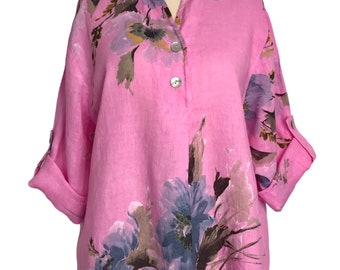 Made In Italy Lagenlook Pink Floral 100% Linen Tunic Shirt - UK Sz 14 16 18