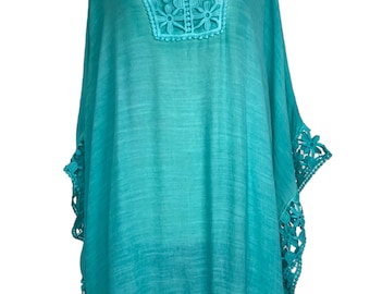 Lagenloook Green Lace Trim Oversized Kaftan Tunic Top - Plus Sz 16 18 20 22 24