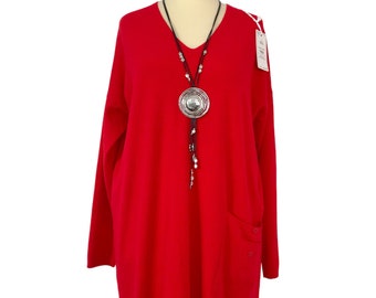 Italian Lagenlook Red Longline Tunic Jumper - UK Size 14 16 18