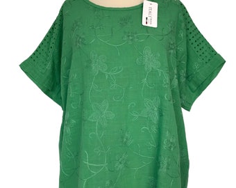 Italian Lagenlook Green Embroidered 100% Cotton Top - UK Size 14 16 18