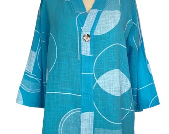 Italian Lagenlook Turquoise Pattern Cotton Tunic Top - UK Size 12 14 16