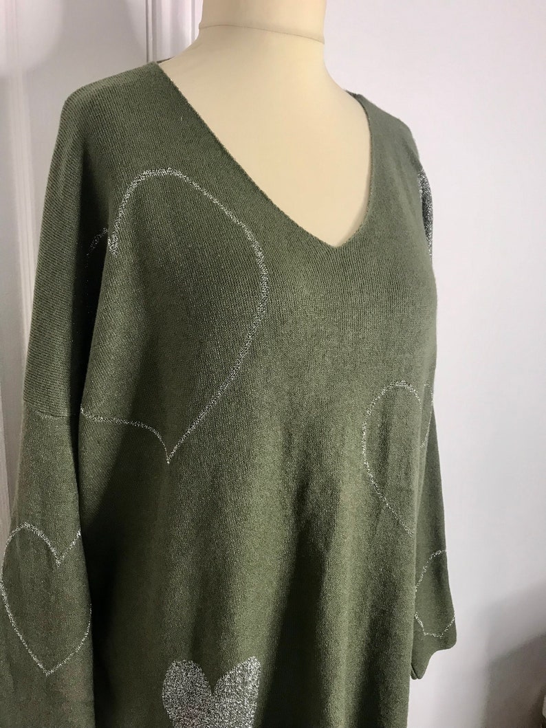 Made In Italy Lagenlook Olive /Silver Heart Jumper UK Plus Size 16 18 20 22 image 3