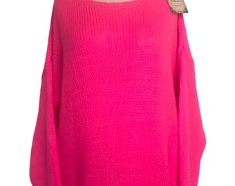 Italian Lagenlook Neon Pink Soft Knit Long Jumper - UK Size 14 16 18 20