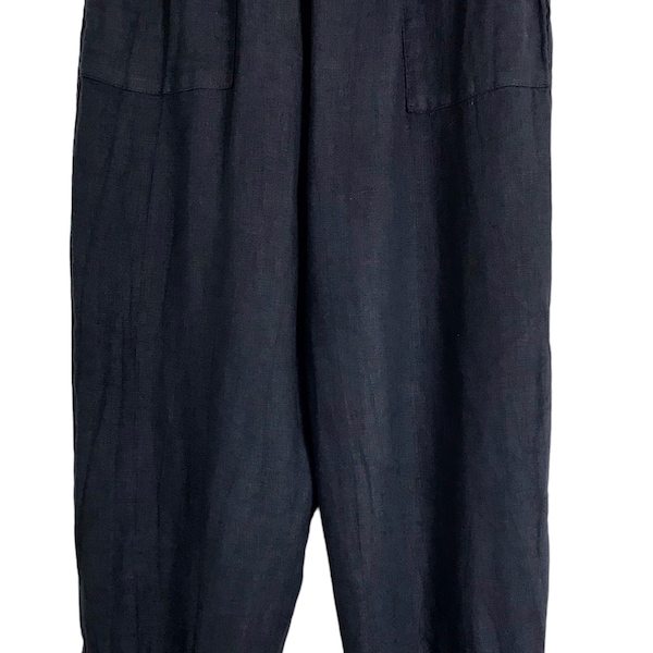 Made In Italy Lagenlook Navy Button Trim Baggy Linen Trousers - UK Sz 12 14 16