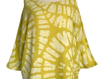 Made In Italy Lagenlook Yellow 100% Cotton Fossil Print Top - UK Sz 14 16 18