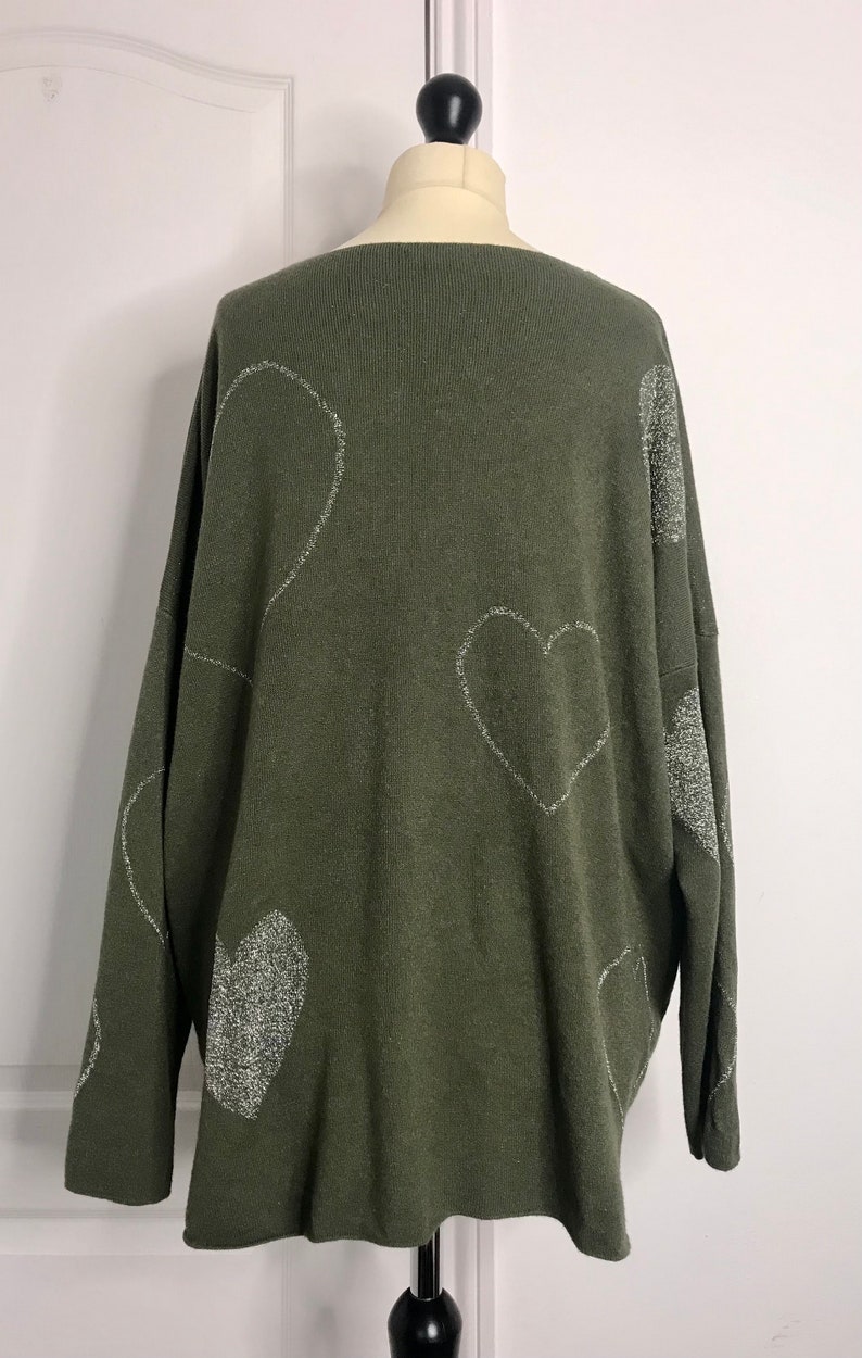 Made In Italy Lagenlook Olive /Silver Heart Jumper UK Plus Size 16 18 20 22 image 6