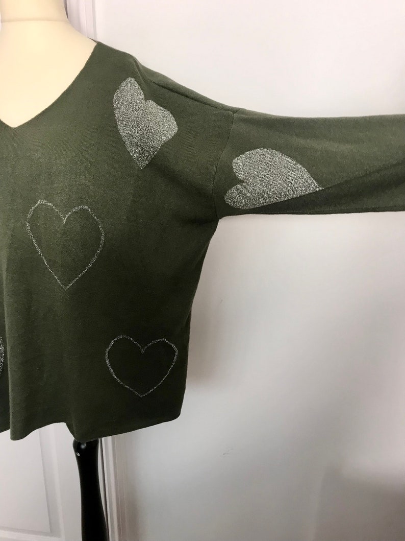 Made In Italy Lagenlook Olive /Silver Heart Jumper UK Plus Size 16 18 20 22 image 4