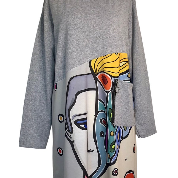 Made In Italy Lagenlook Grey Abstract Arty Tunic Dress - UK Size 14 16 18