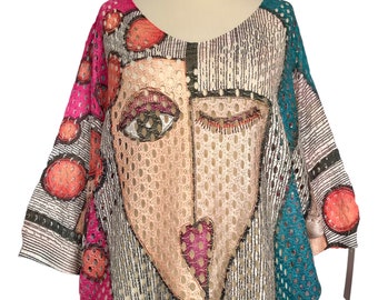 Italian Lagenlook Quirky Arty Face Print Mesh Layering Top - UK Size 14 16 18