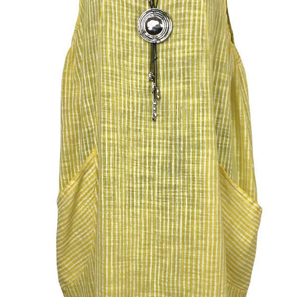 Italian Lagenlook Yellow Stripe Cotton Sleeveless Dress - UK 16 18 20 22