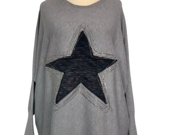 Quirky Lagenlook Grey Oversized Sparkly Star Jumper - UK Sz 14 16 18 20 22