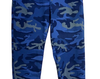 Italian Lagenlook Blue Camo Print Magic Pants / Trousers - UK Sz 12 14 16