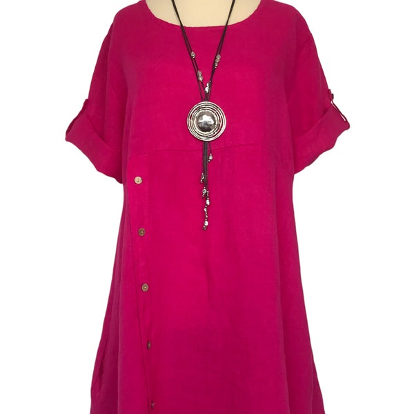 Made In Italy Lagenlook Cerise Pink Linen Tunic Top - UK Size 12 14 16