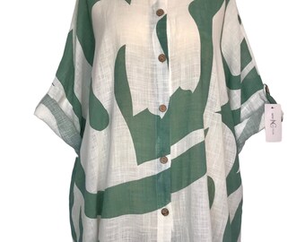 Italian lagenlook Sea Green Bold Print Oversized Shirt - UK 16 18 20 22 24