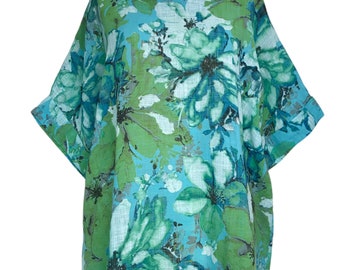 Top italiano Lagenlook turquesa / verde floral lino / algodón -UK Plus Sz 16 18 20 22