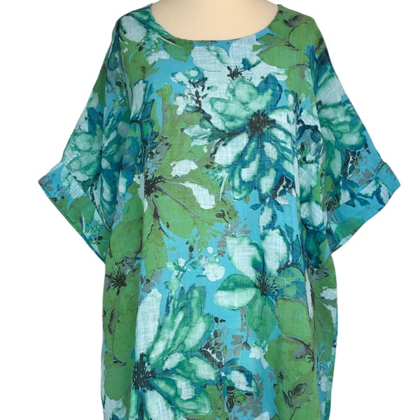 Italian Lagenlook Turquoise / Green Floral Linen / Cotton Top -UK Plus Sz 16 18 20 22