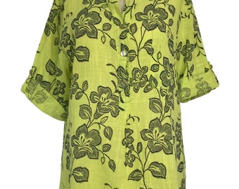 Italian Lagenlook Lime Yellow / Navy Floral Tunic Shirt - UK Size 12 14 16