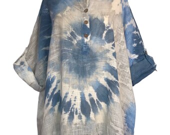 Italian Lagenlook Blue Cotton Tye Dye Oversized Tunic Shirt - Plus Size 18 20 22 24
