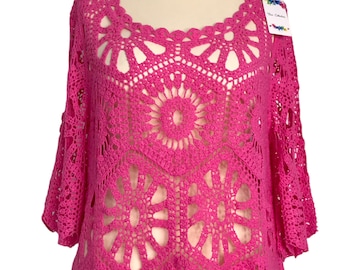 Quirky Lagenlook Pink 100% Cotton Crochet Layering Top - UK Sz 12 14 16