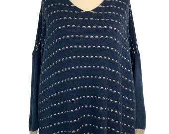 Italian Lagenlook Blue / Gold Pattern Oversized Jumper - UK Sz 14 16 18 20