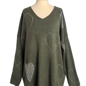 Made In Italy Lagenlook Olive /Silver Heart Jumper UK Plus Size 16 18 20 22 image 1