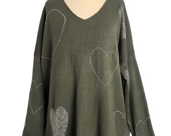 Made In Italy Lagenlook Olive /Silver Heart Jumper - UK Plus Size 16 18 20 22