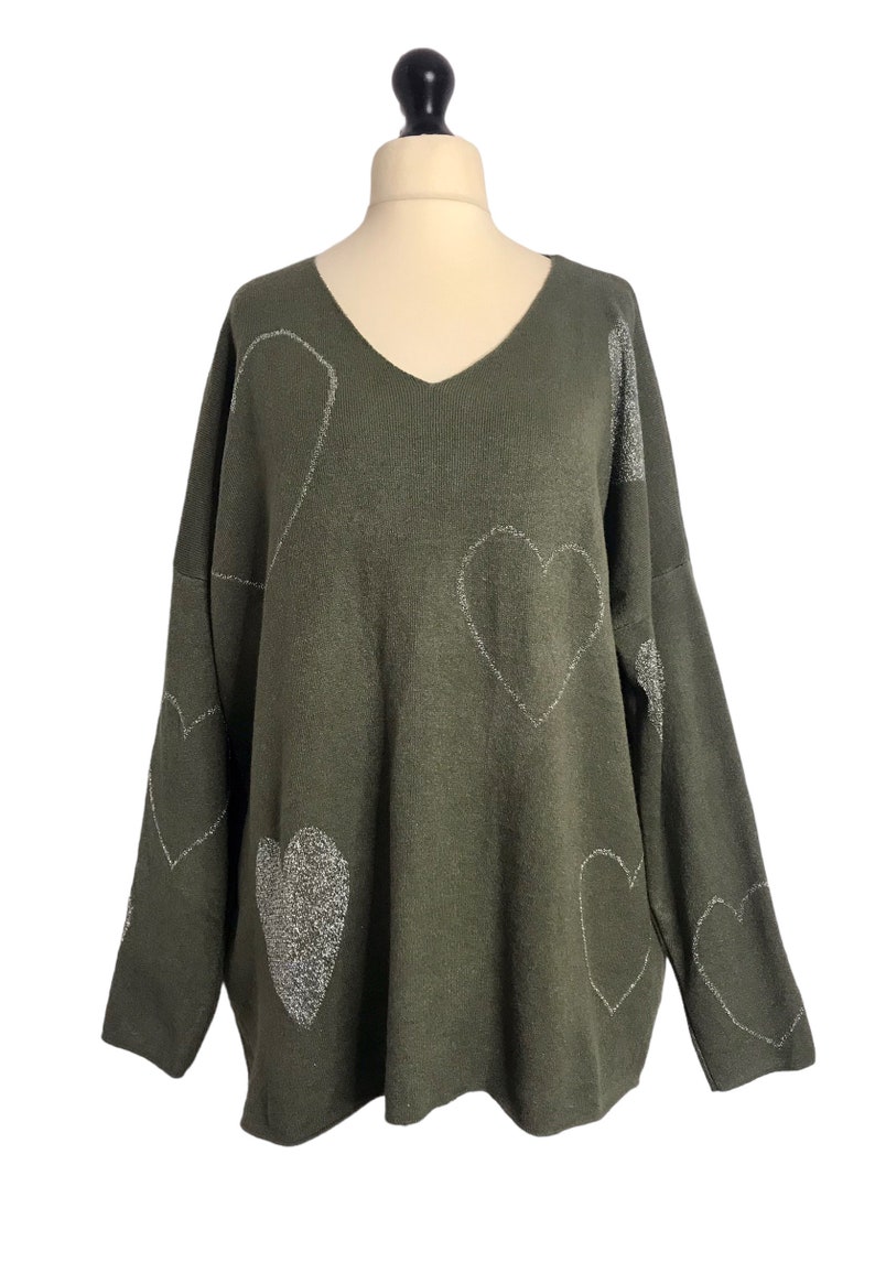 Made In Italy Lagenlook Olive /Silver Heart Jumper UK Plus Size 16 18 20 22 image 1